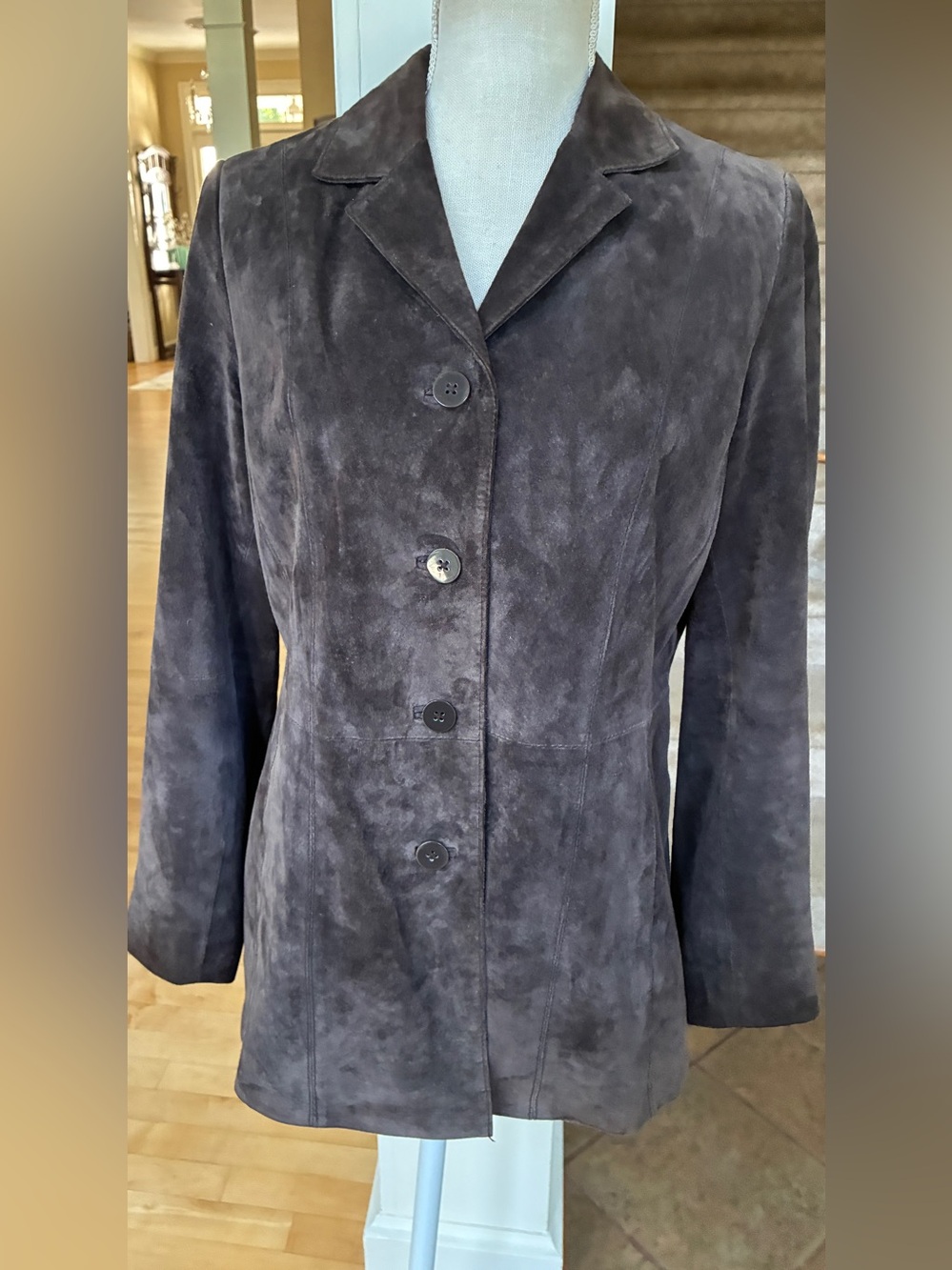 Women’s Genuine Suede Button-Front Jacket in Chocolate Brown